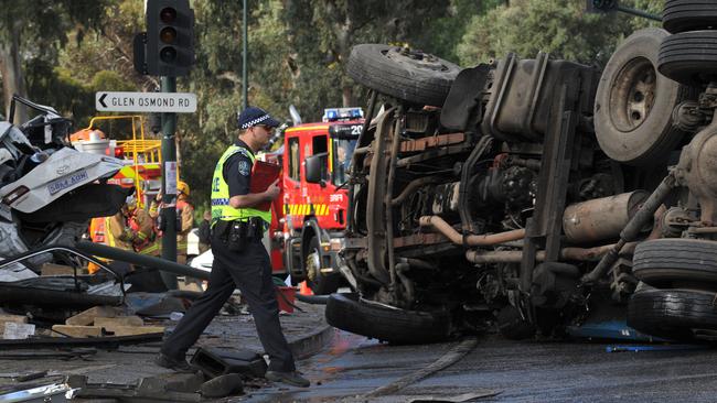 The scene of the Cleanaway truck crash in 2014, which killed two people and caused a coronial inquest, which saw speed limits dropped for heavy vehicles and cars on freeway’s downtrack. Picture: Roger Wyman