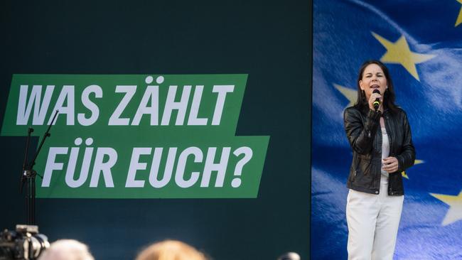 German Foreign Minister and Greens Party member Annalena Baerbock speaks to supporters at the Greens Party final campaign rally ahead of European parliamentary elections.