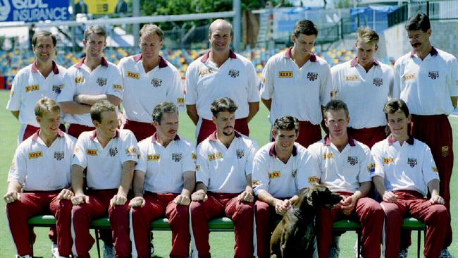 Members of Qld Sheffield Shield team which won their first ever shield. Top L-R: Physio Lindsay Trigar, Martin Love, Dirk Tazelaar, Carl Rackemann, Michael Kasprowicz, Matthew Hayden &amp; coach John Buchanan; (front L-R) Andrew Bichel, Wade Seccombe, Allan Border, Stuart Law, Jimmy (Jim) Maher, Trevor Barsby &amp; Paul Jackson.