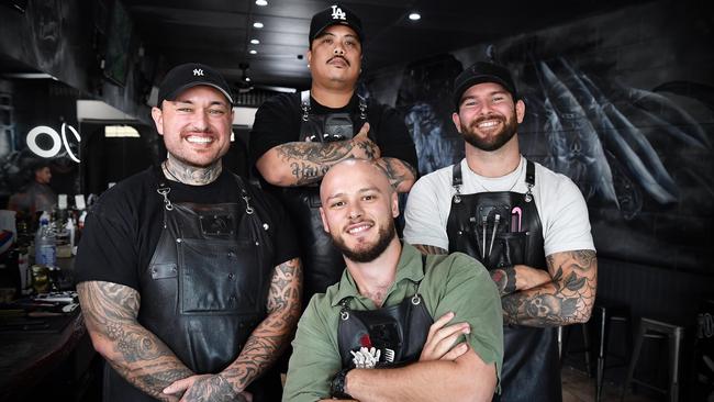 Forever Barbers has been voted Sunshine Coast's best barber by our readers. Owner, Ryan Tawhiti-Watson (left) with staff, Ren Gagui (back) Simon Kaye and Jarvis Hansen. Picture: Patrick Woods.