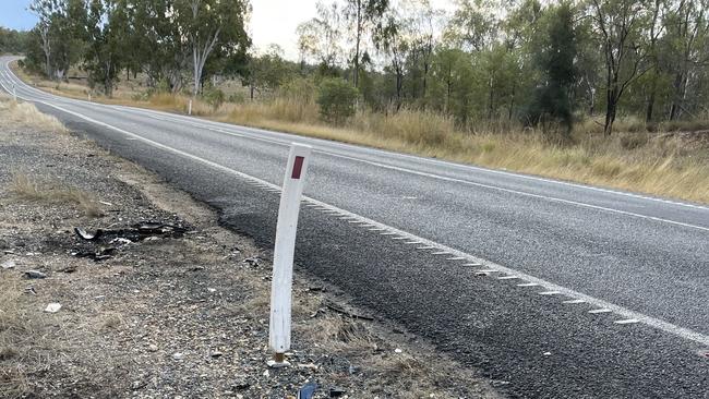 Debris left on the road the following morning at the site of the head-on collision 12kms east of Duaringa.