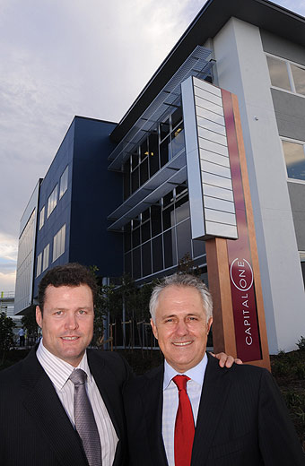 Matt Evans of Evans Harch with Malcolm Turnbull at Lake Kawana Business Village. Photo: Chris McCormack