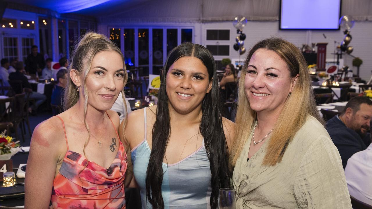 Representing Oakey are (from left) Sabina McLoughlin, Poppie Collins and Angelina Westcott at the TRL awards night at Clifford Park Racecourse, Friday, September 8, 2023. Picture: Kevin Farmer