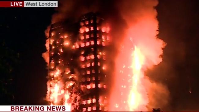 A 27-storey apartment building in central London has been completely engulfed in flames. Picture: BBC