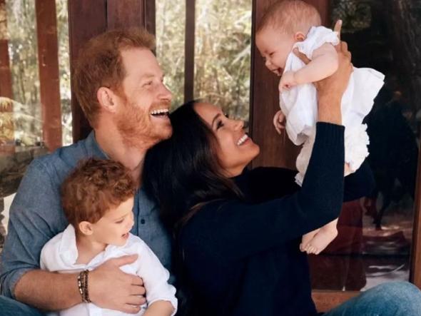 Prince Harry and Meghan Markle with Archie and Lilibet in their 2021 Christmas Card. Picture: Alexi Lubomirski/Handout/The Duke and Duchess of Sussex