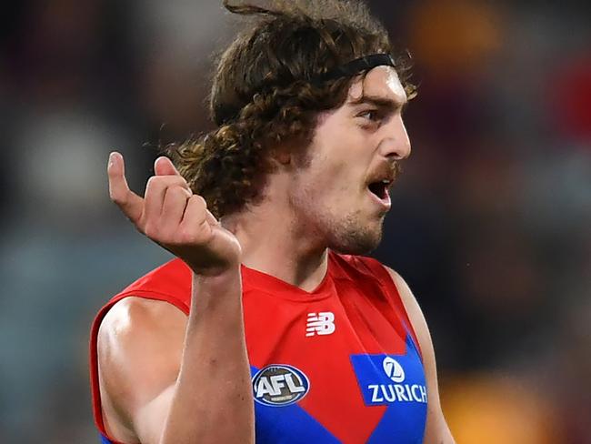 BRISBANE, AUSTRALIA - AUGUST 19: Luke Jackson of the Demons celebrates kicking a goal during the round 23 AFL match between the Brisbane Lions and the Melbourne Demons at The Gabba on August 19, 2022 in Brisbane, Australia. (Photo by Albert Perez/AFL Photos via Getty Images)