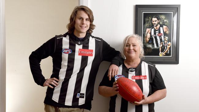 Brodie Grundy’s mum Jennifer Palmer and brother Riley, 18, who plays for Sturt Reserves, at their home in Hawthorndene. Picture: Naomi Jellicoe