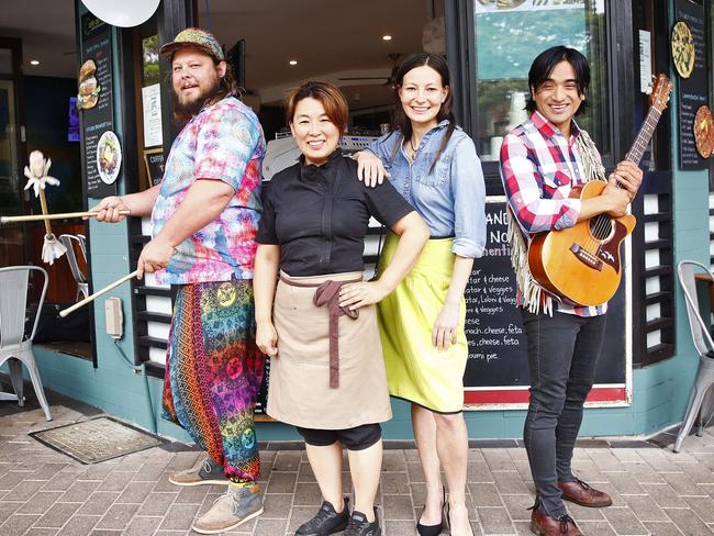 Juggler Matthew Watson, cafe owner Virginia Cheong, painter Zhanna Batyrkulova and musician Van Sereno are happy the Strathfield Street Festival is going ahead. Picture: Sam Ruttyn