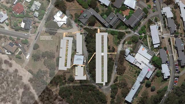 An image from the development application showing the position of the proposed extra accommodation blocks, centre, at the University of Tasmania. Picture: UTAS/MORRISON AND BREYTENBACH ARCHITECTS