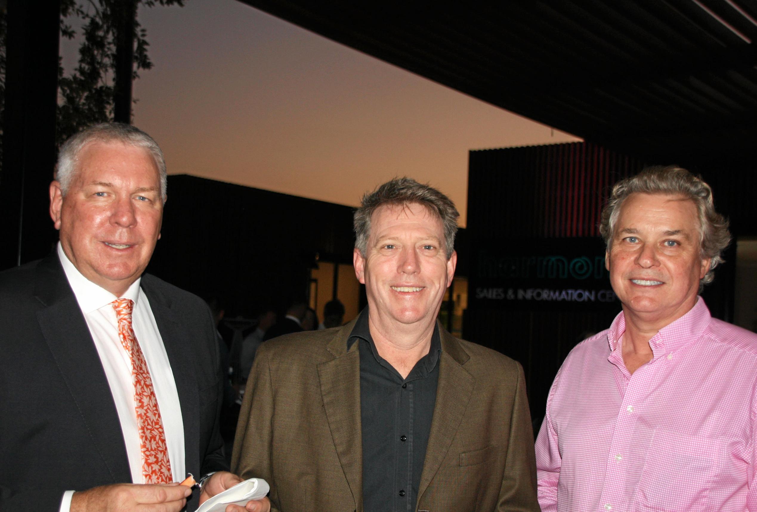 AVID's Bruce Harper with Peter Egerton of RPS and Marcus Ford of CGW at AVID Property Group's launch of its new sales and information centre in Palmview's master-planned community of Harmony. Picture: Erle Levey