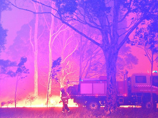 Firefighters hose down trees as they battle against bushfires around the town of Nowra in the Australian state of New South Wales on December 31, 2019. - Thousands of holidaymakers and locals were forced to flee to beaches in fire-ravaged southeast Australia on December 31, as blazes ripped through popular tourist areas leaving no escape by land. Picture: Saeed Khan/AFP