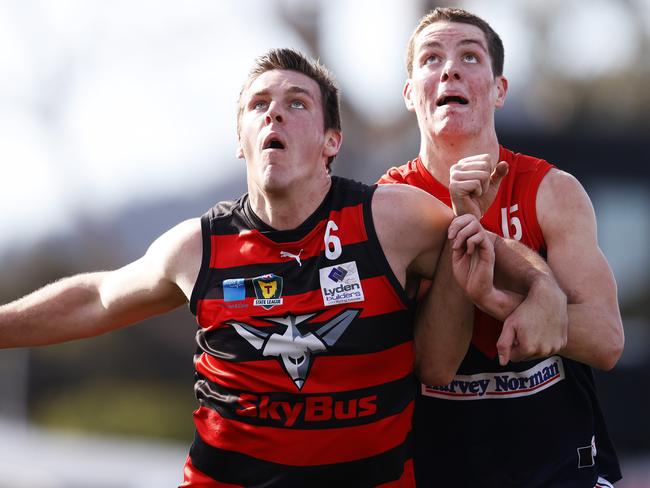 Round 8 TSL game between Lauderdale v North Hobart from Lauderdale Oval. Lauderdale's Haydn Smith and North Hobart's Hamish Allan compete in the ruck. Picture: Zak Simmonds