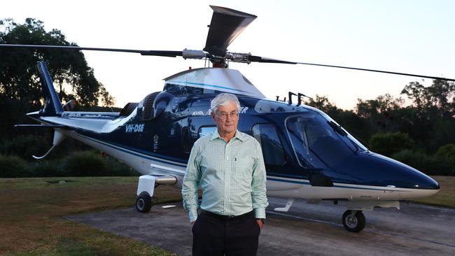 Dick Smith at home in Terry Hills in Sydney with his helicopter. Picture: John Feder