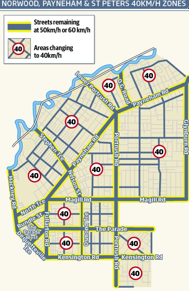 The proposed 40km/h zones across the Norwood, Payneham & St Peters Council area.