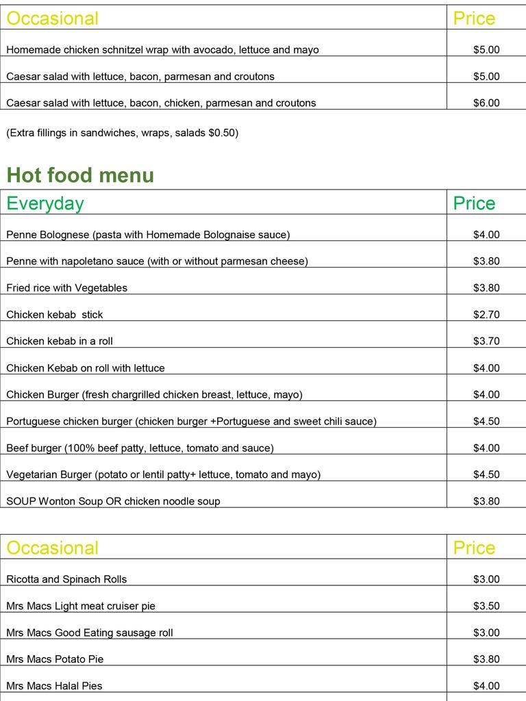 Kent Road Public School hot food menuyo