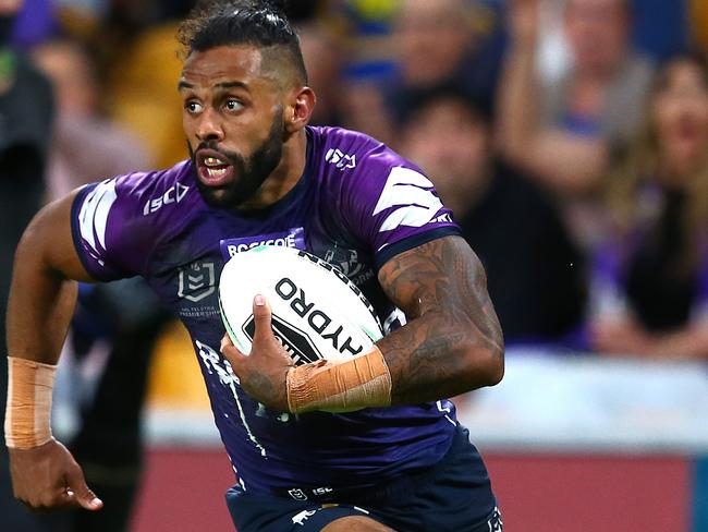 BRISBANE, AUSTRALIA - OCTOBER 03: Josh Addo-Carr of the Storm runs in for a try with during the NRL Qualifying Final match between the Melbourne Storm and the Parramatta Eels at Suncorp Stadium on October 03, 2020 in Brisbane, Australia. (Photo by Jono Searle/Getty Images)