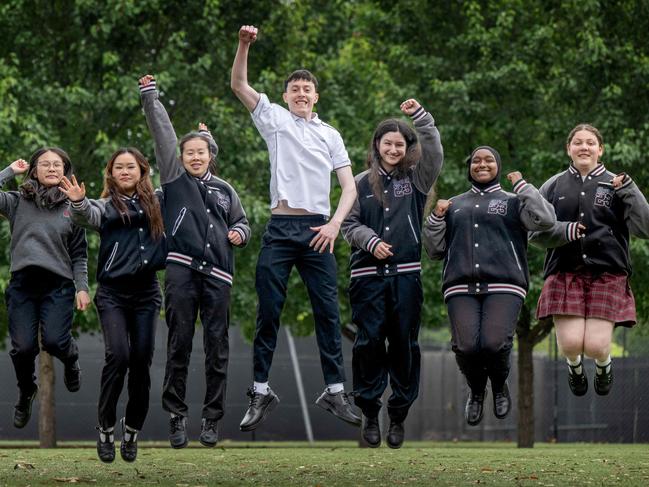 St Albans Secondary College students celebrate outstanding VCE results. (L-R) Meera Mansukhani, Kelly Lam, Kathleen Phan, Kelly Chen, Nathan McCall, Chanel Trpovski, Eram AhmedÃÂ and Karli Keskin. Picture: Tony Gough