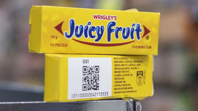 The new barcode on a packet of juicy Fruit. Picture: Supplied