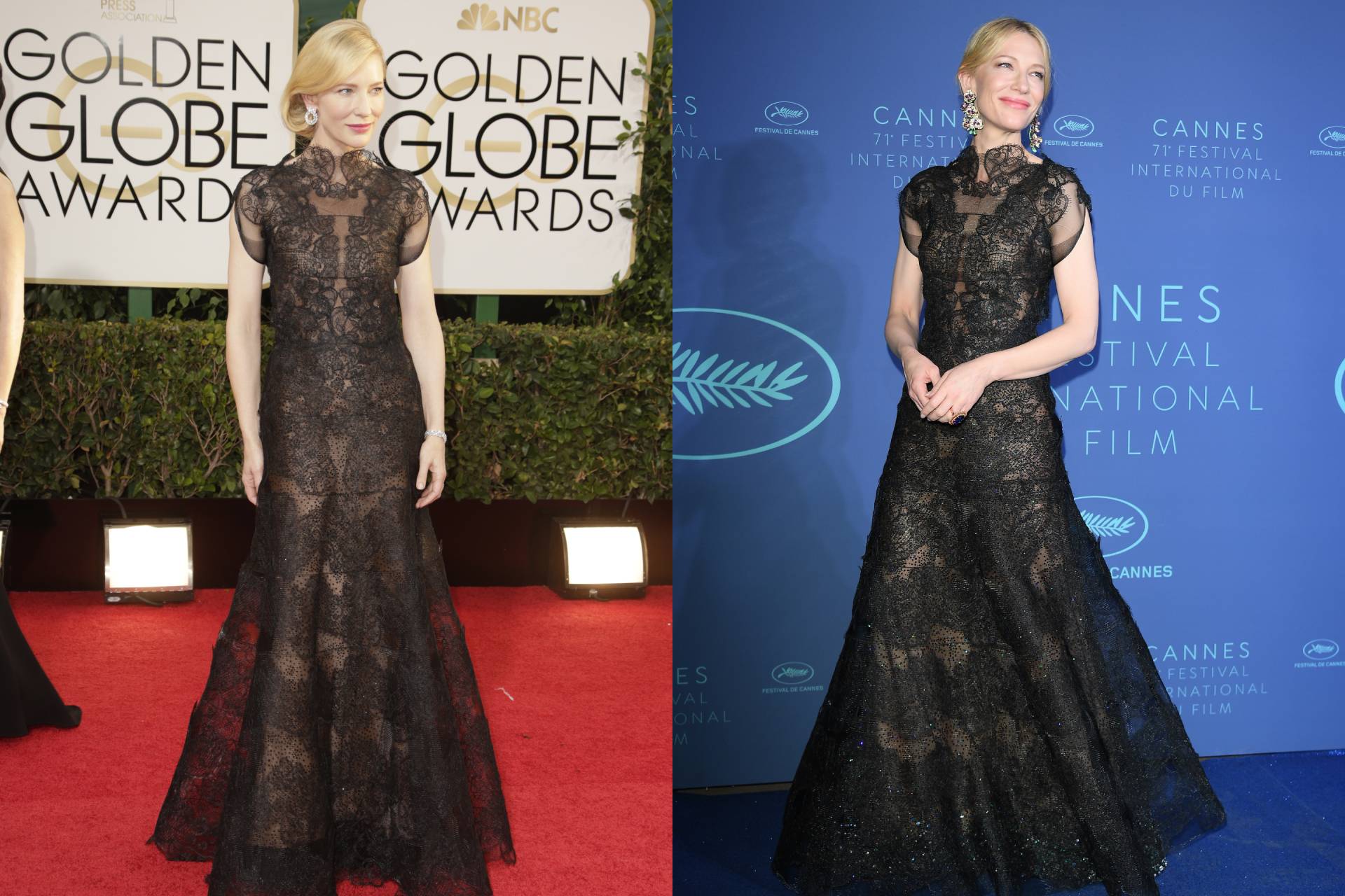 <p><strong>Armani Priv&eacute; at the 2014 Golden Globes and the 2018 Cannes Film Festival </strong></p><p>This sheer lace Armani Priv&eacute; gown proved just as striking the second time around, styled both times with a sleek, timeless up-do.</p>