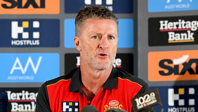 Damien Hardwick speaks at his first press conference as Gold Coast coach. Picture: Bradley Kanaris/Getty Images