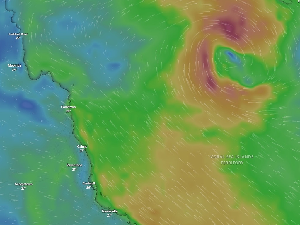 Wind speed for the tropical low over the Coral Sea which was expected to be named Tropical Cyclone Alfred on Sunday. Picture: Windy.