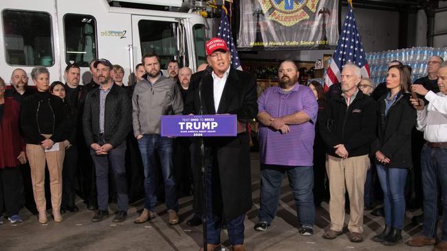 Donald Trump speaks at the East Palestine Fire Department in East Palestine, Ohio. Picture: AFP.