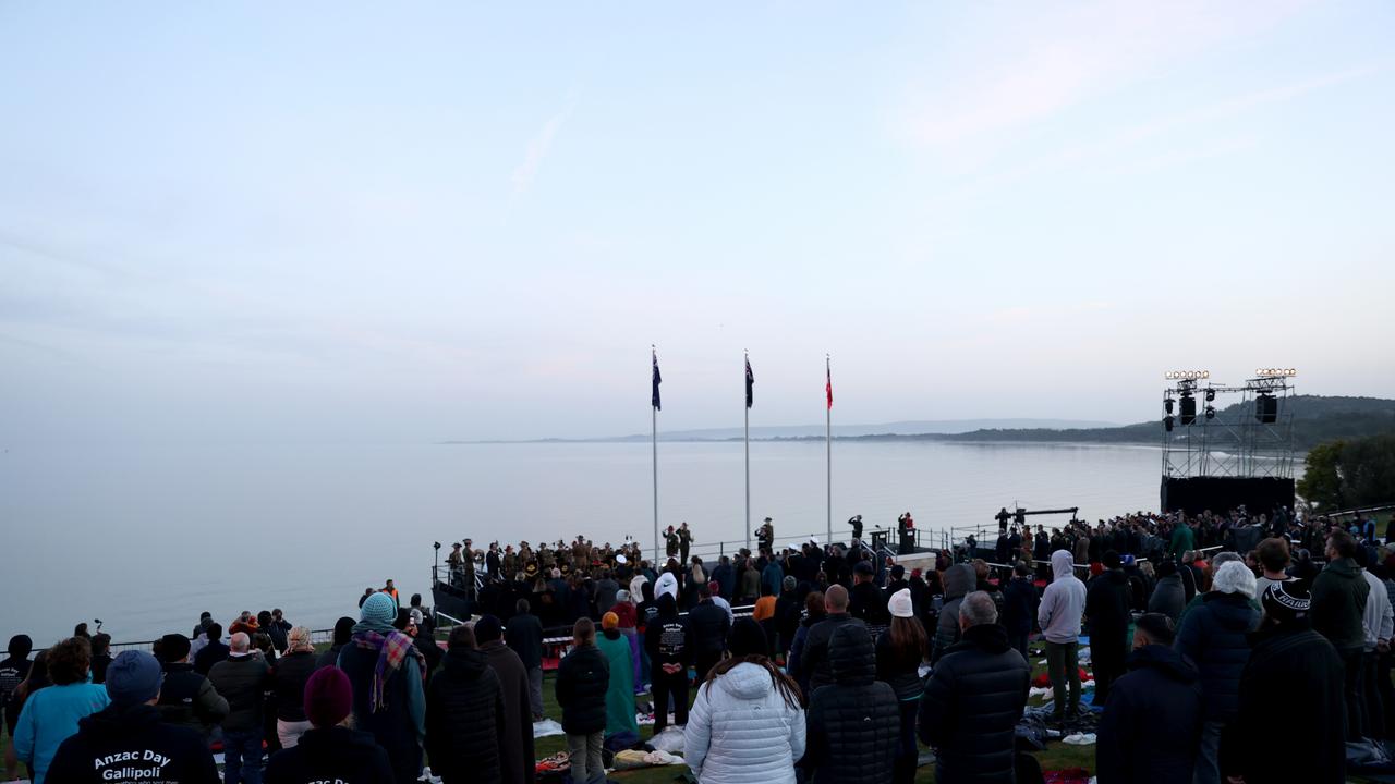 National anthem plays at the end of the ANZAC Dawn service attended by Australians and New Zealanders at Anzac Cove. Picture: Getty