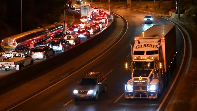 Outbound traffic ground to a halt on the freeway. Picture: Lydia Kellner