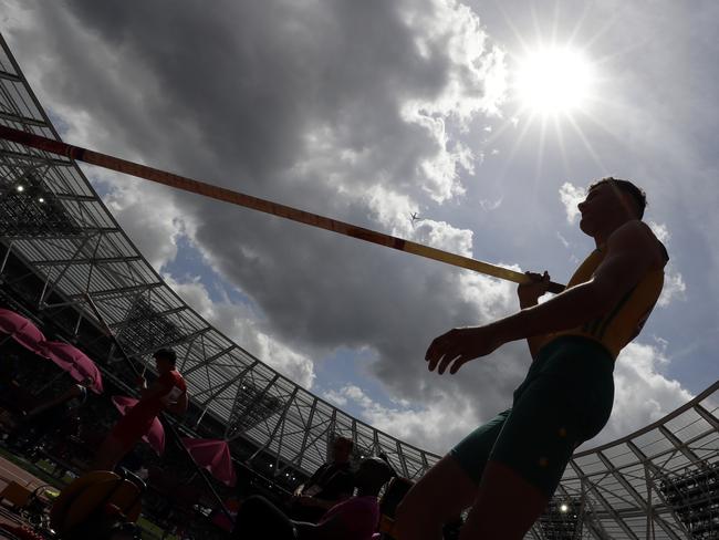 Australia's Kurtis Marschall prepares to compete in the men's pole vault qualification during the World Athletics Championships in London Sunday, Aug. 6, 2017. (AP Photo/Matthias Schrader)