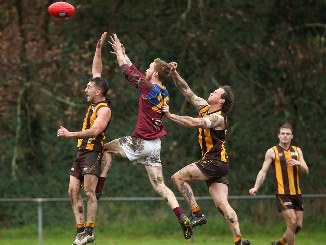 NFL: South Morang’s Jake Potter the meat in Heidelberg West sandwich. Picture: Hamish Blair