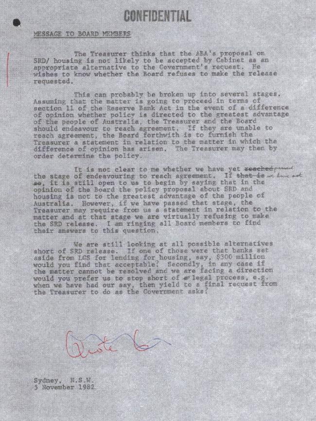 The November 5 letter from RBA governor Robert (Bob) Johnson to board members.