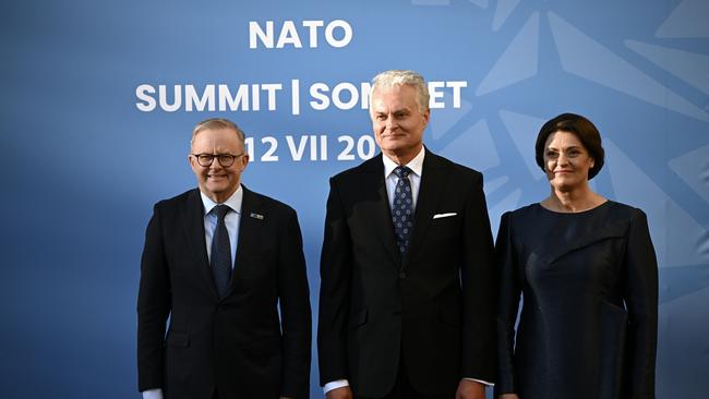 Mr Albanese with Lithuanian President Gitanas Nauseda and his wife Diana Nausediene ahead of a social dinner during the NATO Summit. Picture: Paul Ellis – Pool/Getty Images