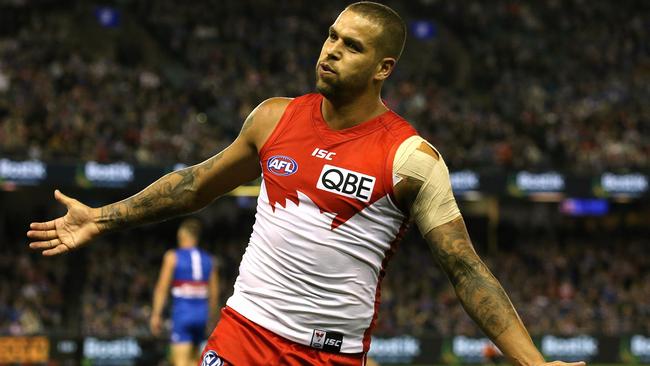 Lance Franklin celebrates a goal. Picture: Wayne Ludbey