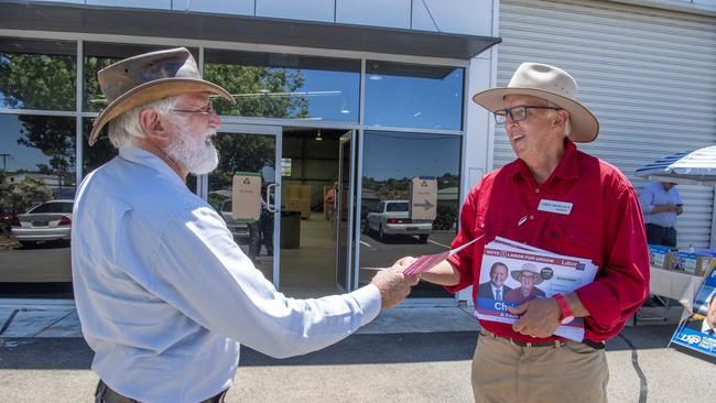 Leon Surawski and Chris Meibusch at the Groom polling venue in Mort St. Wednesday. 11th Nov 2020