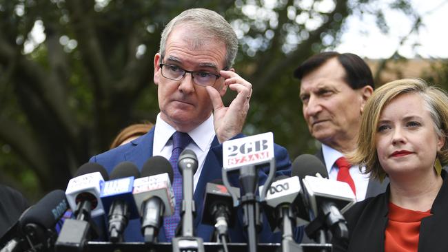 NSW Opposition Leader Michael Daley speaks to the media during an event with Lord Mayor of Sydney Clover Moore and President of LGNSW Linda Scott during the 2019 New South Wales election campaign in Sydney, Wednesday, March 20, 2019. (AAP Image/Lukas Coch) NO ARCHIVING