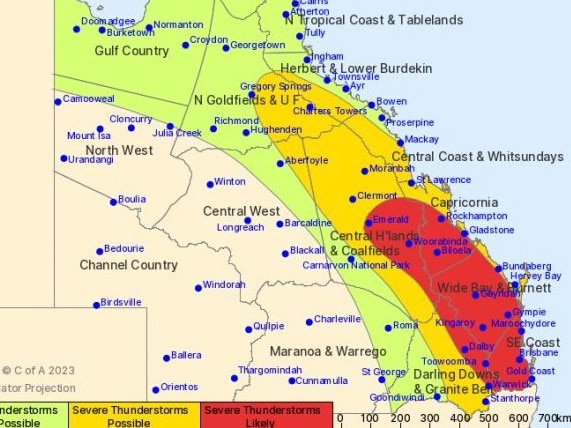 BoM predicts severe thunderstorms to keep striking much of Queensland across Boxing Day 2023. Picture: Bureau of Meteorology