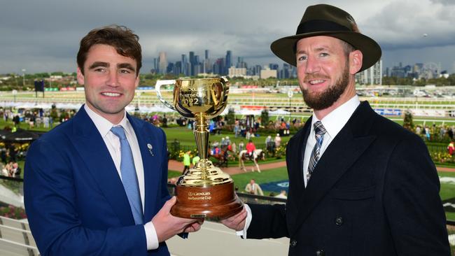 David Eustace, who now trains in Hong Kong, with 2022 Melbourne Cup trophy he won with Ciaron Maher. Picture: Vince Caligiuri/Getty Images