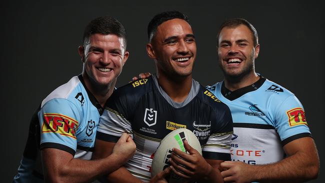 Cronulla's Chad Townsend and Wade Graham with their former teammate Cowboys Valentine Holmes. Picture: Brett Costello