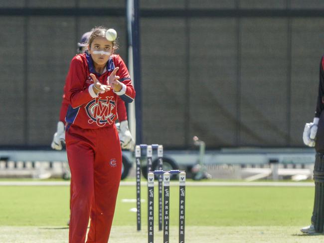 Women's Premier Cricket grand final: Essendon Maribyrnong Park v Melbourne.  Melbourne bowler Hasrat Gill. Picture: Valeriu Campan