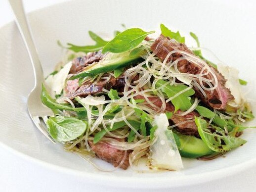 Balsamic beef and glass noodle salad with rocket and parmesan.