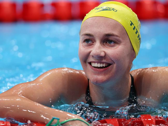 Ariarne Titmus after winning gold in the Women's 400m Freestyle Final in Tokyo. Picture: Getty Images