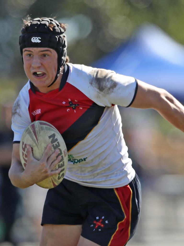 NSW CIS's Callum Grantham during the under 15 ASSRL schoolboy rugby league championship grand final between NSW CHS v NSW CIS from Moreton Dailey Stadium, Redcliffe. Picture: Zak Simmonds