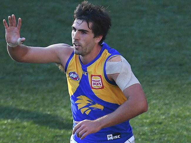 Andrew Gaff of the Eagles reacts after kicking a goal during the Round 17 AFL match between the Collingwood Magpies and the West Coast Eagles at the MCG in Melbourne, Sunday, July 15, 2018. (AAP Image/Julian Smith) NO ARCHIVING, EDITORIAL USE ONLY