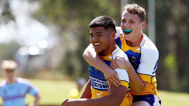 Blacktown Pats’ Jontay-Junior Betham-Misa celebrates scoring a try with Bailey Nouredine. Picture: Toby Zerna