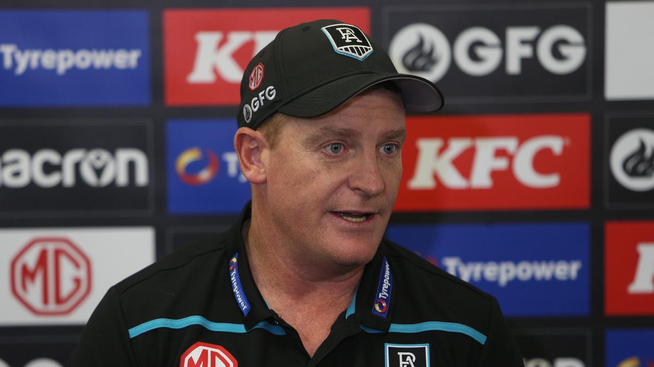 ADELAIDE, AUSTRALIA - NEWSWIRE Photos MAY 10, 2021: Michael Voss - Senior Assistant at Port Adelaide AFL football club talks to media at a press conference after players undertook a light recovery session at Alberton Oval, Alberton, South Australia. Picture: NCA NewsWire / Emma Brasier