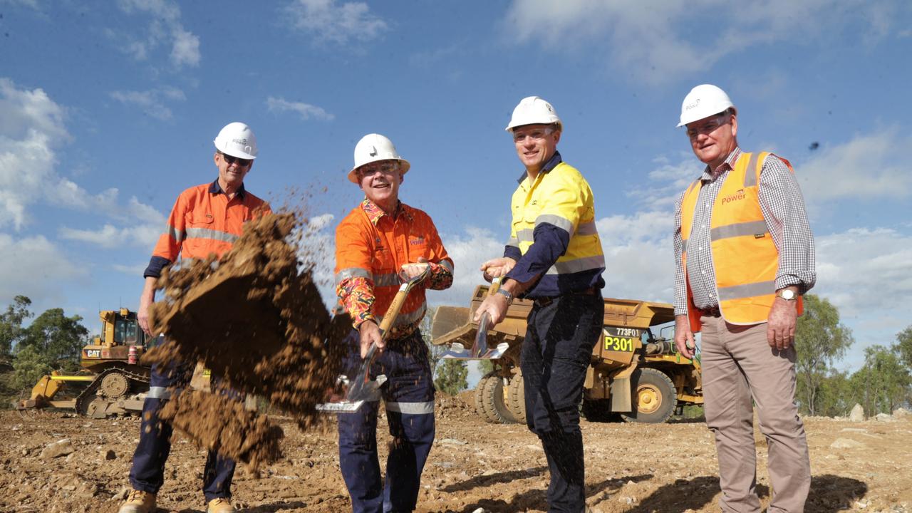 Genex Power chief executive officer James Harding with, Resources Minister Scott Stewart, Energy, Renewables and Hydrogen Minister Mick de Brenni and Etheridge Mayor Barry Hughes turn the first sod ahead of the construction of the upper dam wall of the Kidston pumped hydro project. Picture: Peter Carruthers