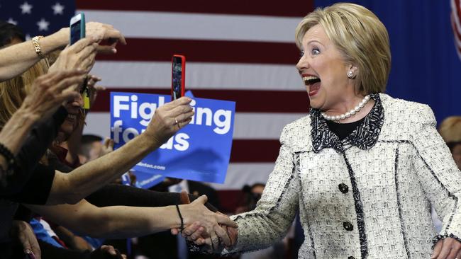 An excited Hillary Clinton greets her supporters in South Carolina. Picture: AP/Gerald Herbert