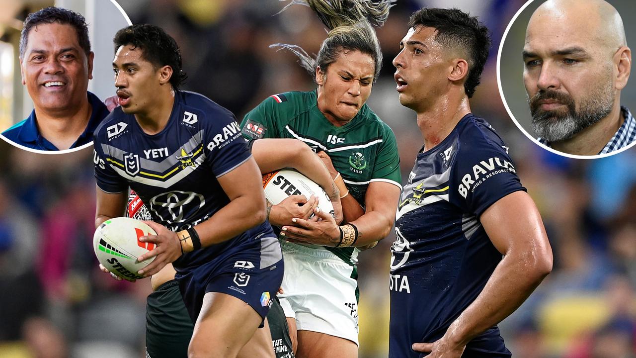 Cowboys Corner July 2024. Left to right: Murray Taulagi, Harata Butler and Heilum Luki. NRLW coach Ricky Henry (inset left), NRL coach Todd Payten (inset right),