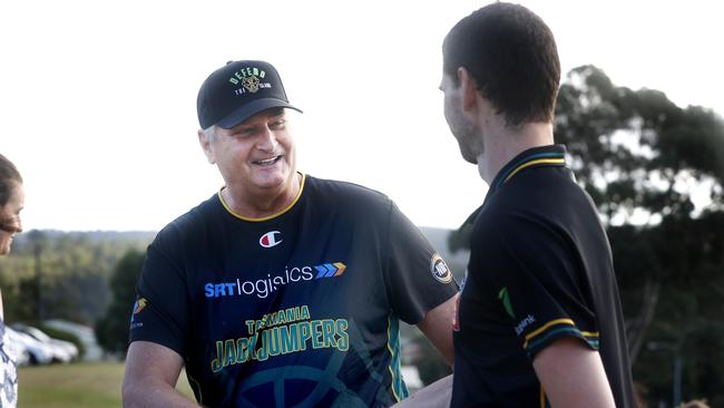 Coach Scott Roth congratulates Clint Steindl. Clint Steindl captain of the Tasmania JackJumpers announces his retirement from basketball. Picture: Nikki Davis-Jones