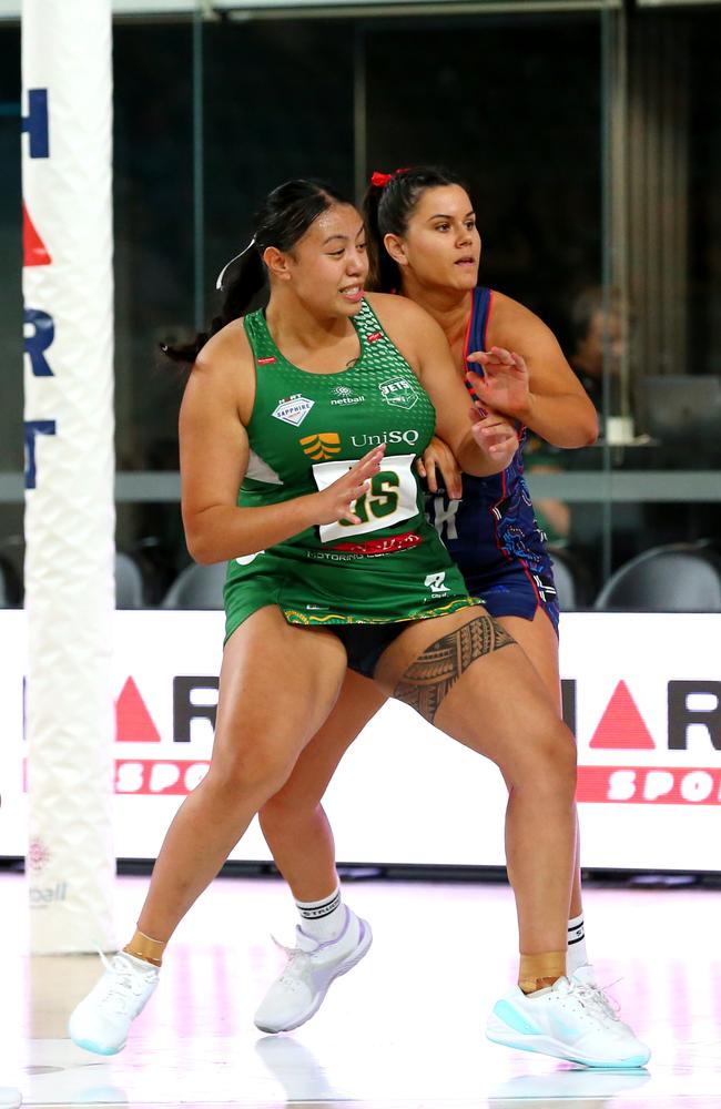 Sapphire Series netball Round 1 – Brisbane South Wildcats Vs Ipswich Jets (green) = Jets goal shooter Kirsten-Lupe Tanielu and wing attack Renee Cubby Nathan Saturday 22nd April 2023 Picture David Clark